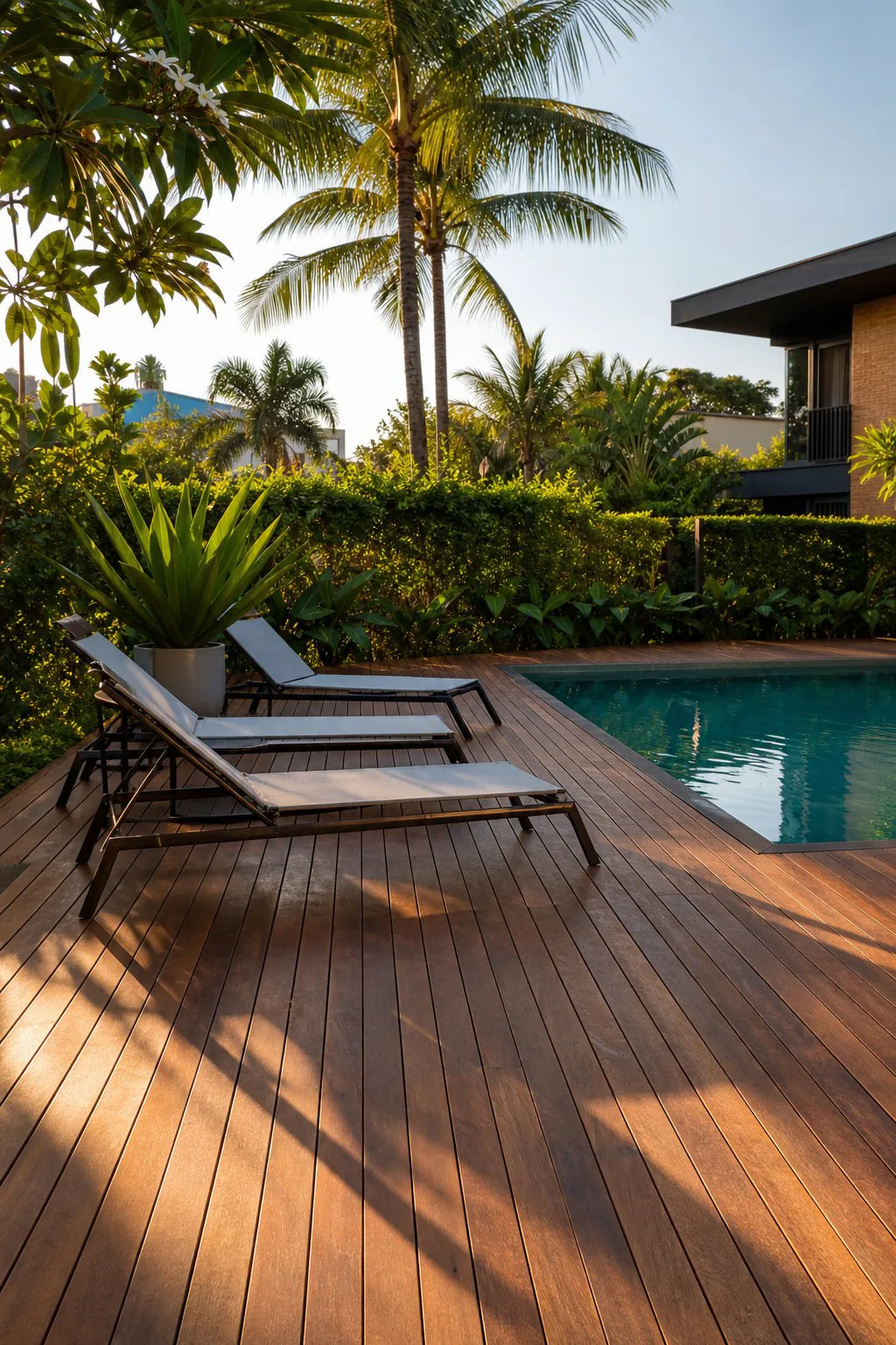 Deck de madeira cumaru ao redor de piscina instalado em Porto Alegre