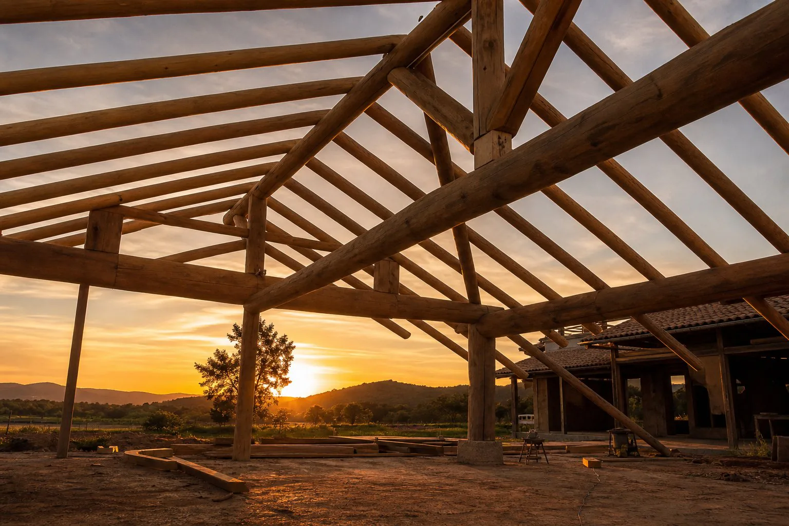Estrutura de madeira de telhado em construção executada pela Santarém